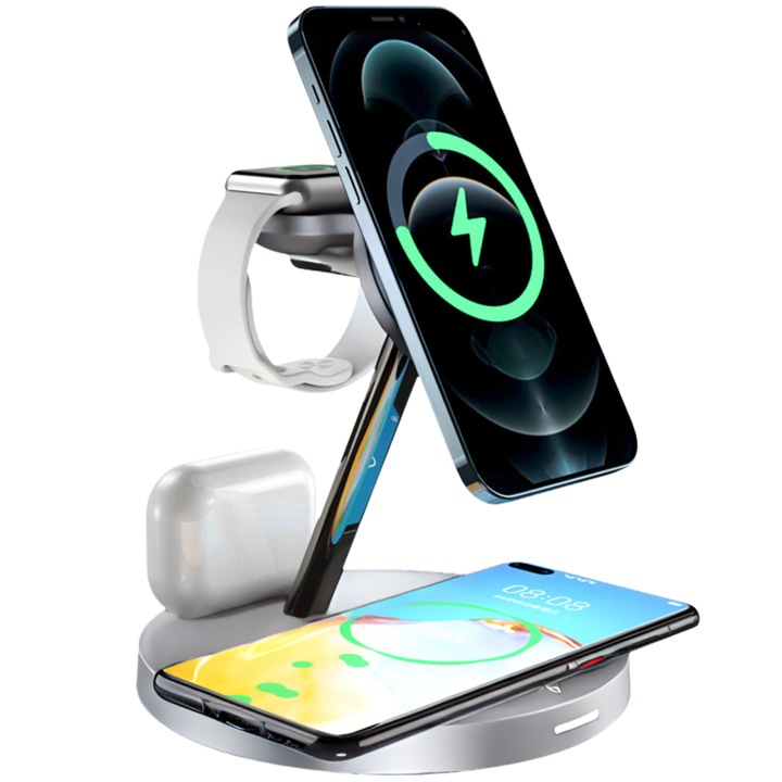 Incarcator wireless 5 in 1, AFel®, incarcare rapida 15W pentru Telefon, Casti, Ceas, compatibil IOS si Android, Suport MagSafe, Lampa de veghe, Alb