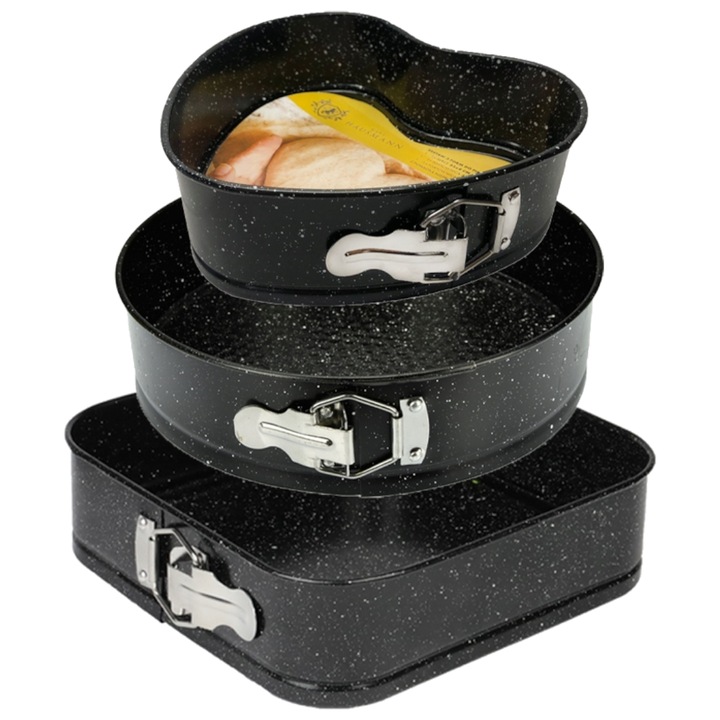 Set 3 forme de tort, inima, rotunde, patrate, otel carbon, 28 cm, 26 cm, 23 cm, Karl Hausmann