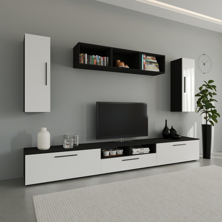 Living haaus Kos V2, Negru/Alb Lucios, MDF, L 285 cm