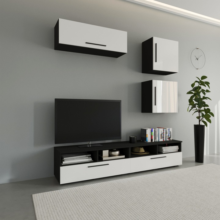 Living haaus Kos V15, Negru/Alb Lucios, MDF, L 190 cm