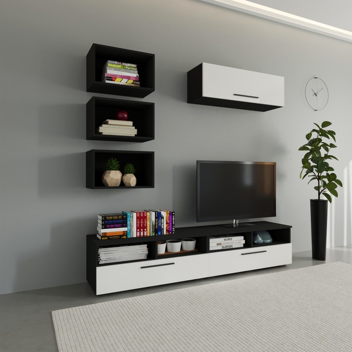 Living haaus Kos V17, Negru/Alb Lucios, MDF, L 190 cm