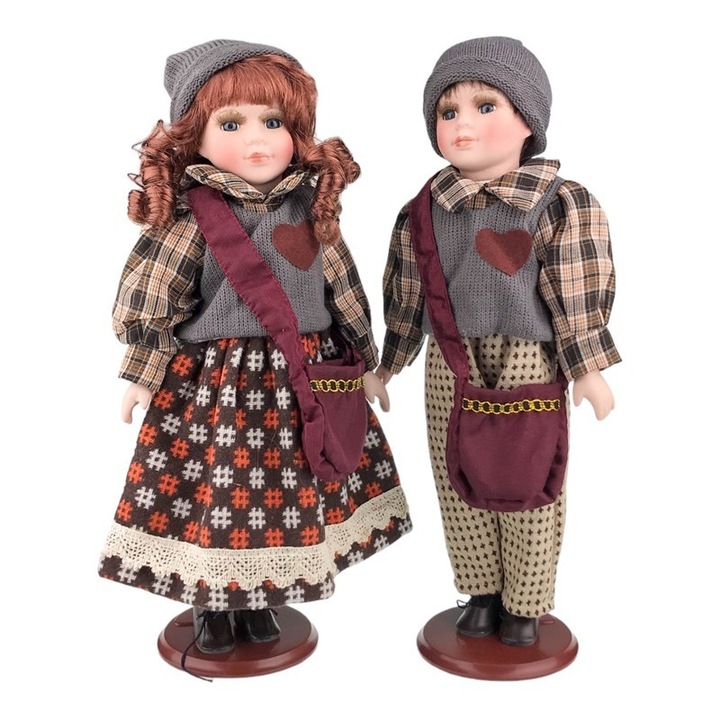 Set 2 decoratiuni fata si baiat, ceramica si textil, 25x41 cm, multicolor, M1