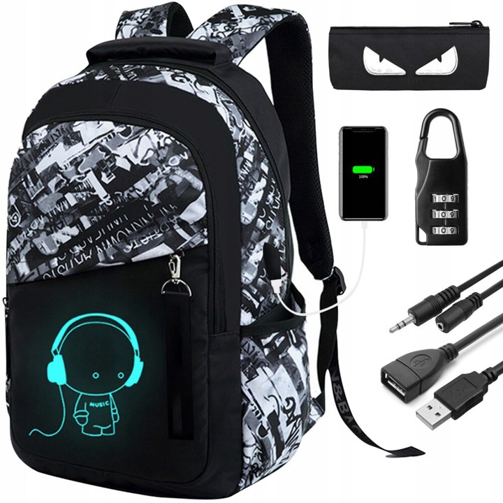 Ghiozdan adolescenti, Zola®, reflectorizant, prelungitor incarcare USB, mufa Jack pentru casti, lacat cu cifru, penar, 43x34x16 cm, model alb negru