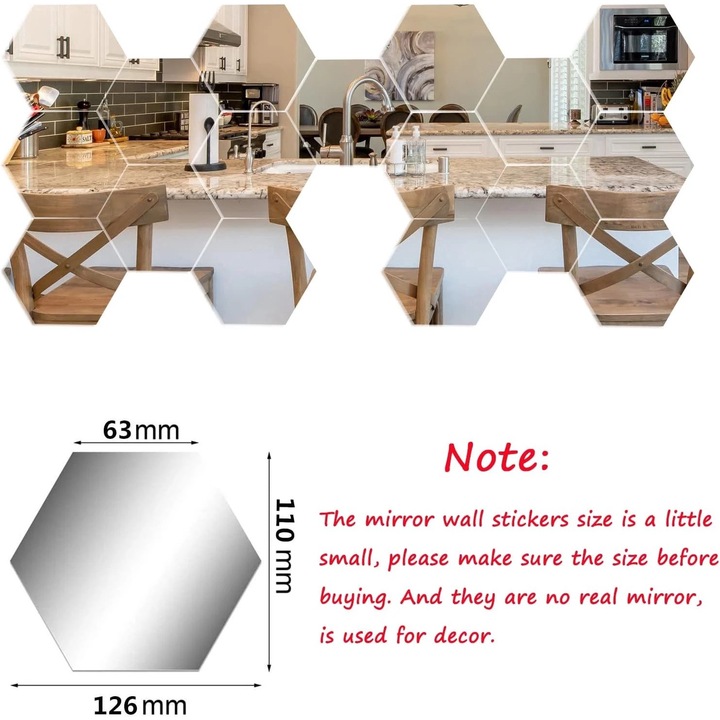 18 db hatszögletű dekoratív akril tükör készlet, CBD CORAL BEST DEALS, L modell, 12x11x6,5 cm, öntapadó
