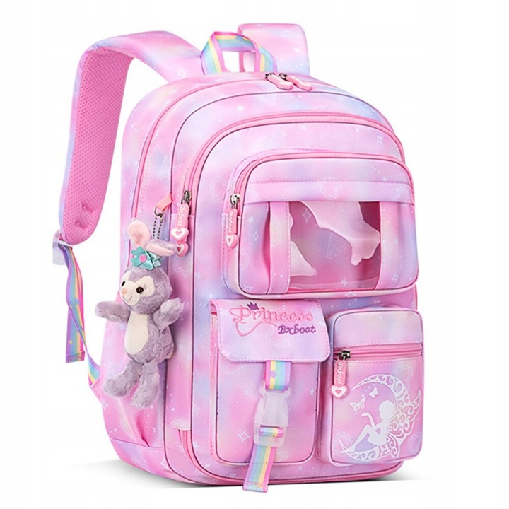 Ученическа чанта, Zola®, регулируеми презрамки, 6 външни джоба, специален джоб за принадлежности, ключодържател със зайче 41x30x12 см, розов