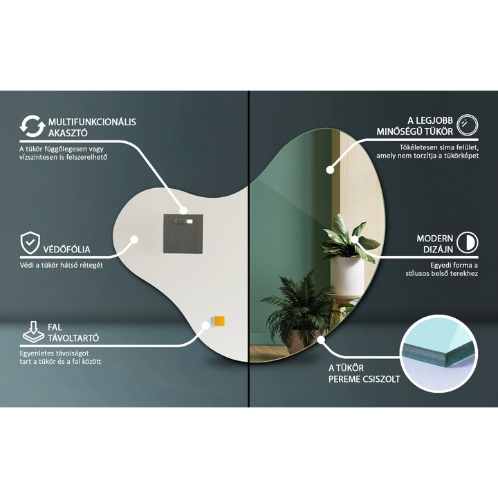 Keret nélküli tükör, Coloray, 77 cm x 77 cm, dekorfal, aszimmetrikus, 0103005502107000000000