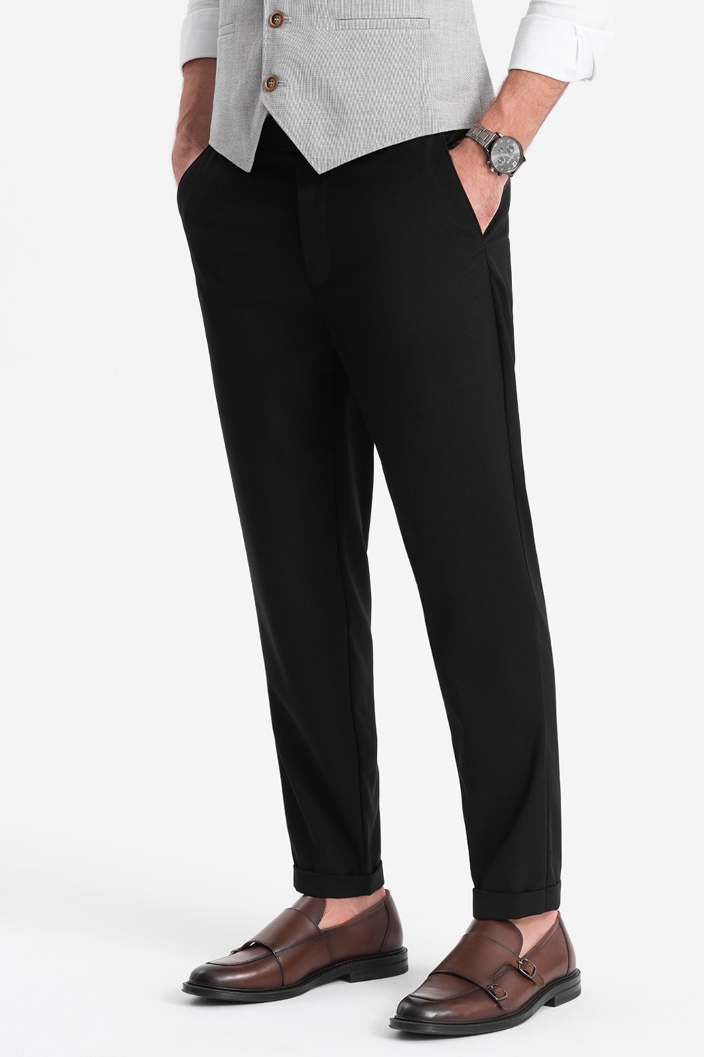 OMBRE, Pantaloni chino cu buzunare oblice, Negru, XL