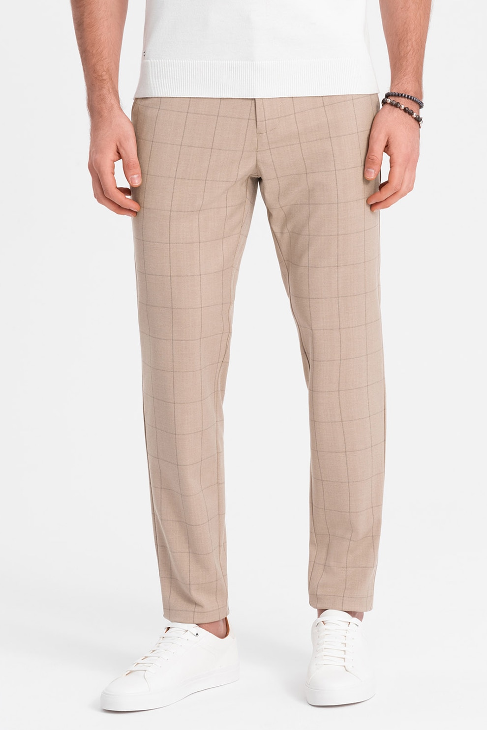 OMBRE, Pantaloni in carouri cu buzunare laterale, Maro nisip, L