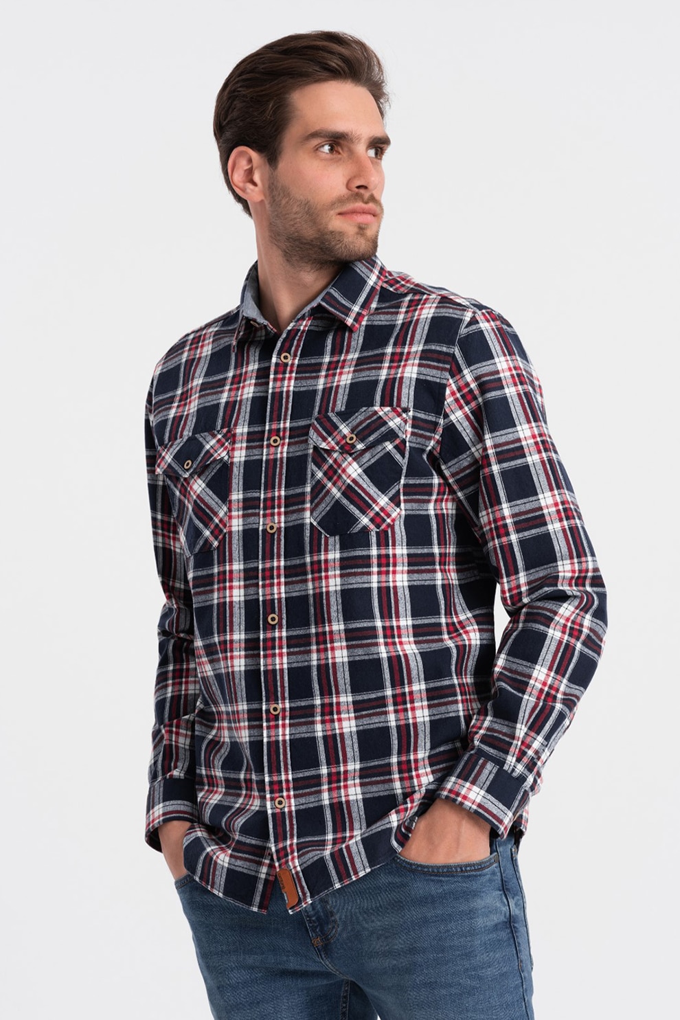 OMBRE, Camasa din flanel in carouri, Rosu, Alb, Bleumarin, S
