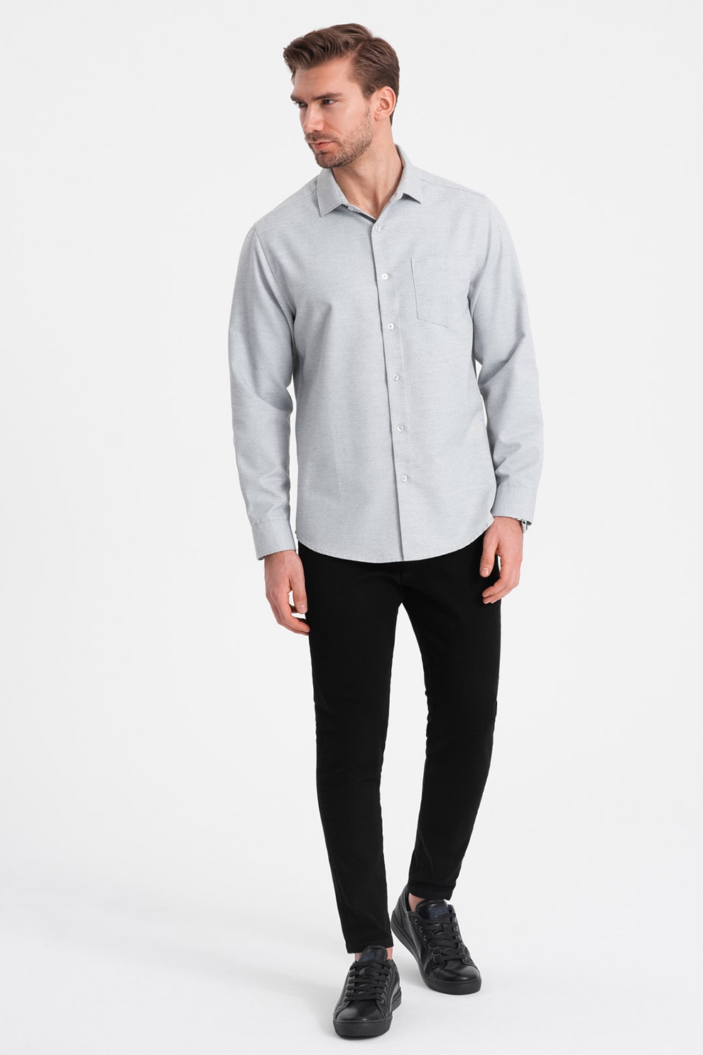 OMBRE, Camasa regular fit cu buzunar aplicat pe piept, Gri deschis melange, S