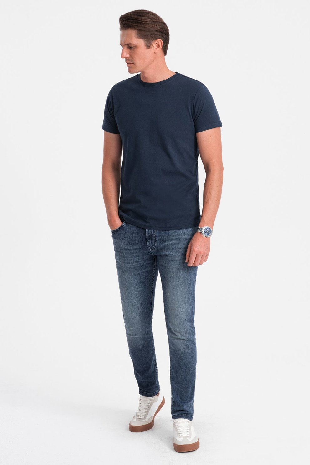 OMBRE, Tricou uni cu decolteu la baza gatului, Bleumarin, S