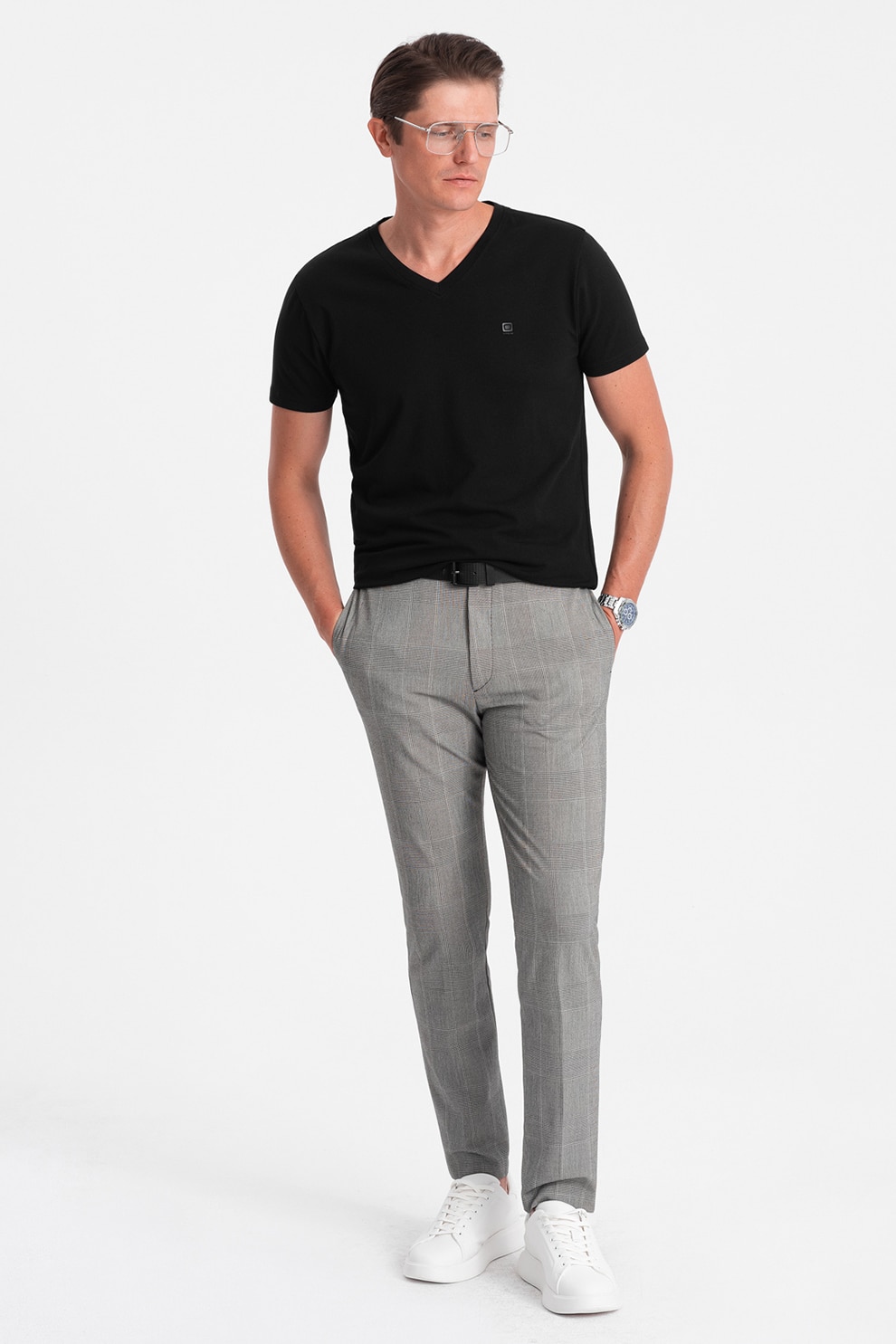 OMBRE, Tricou din amestec de bumbac cu decolteu in V, Negru, L