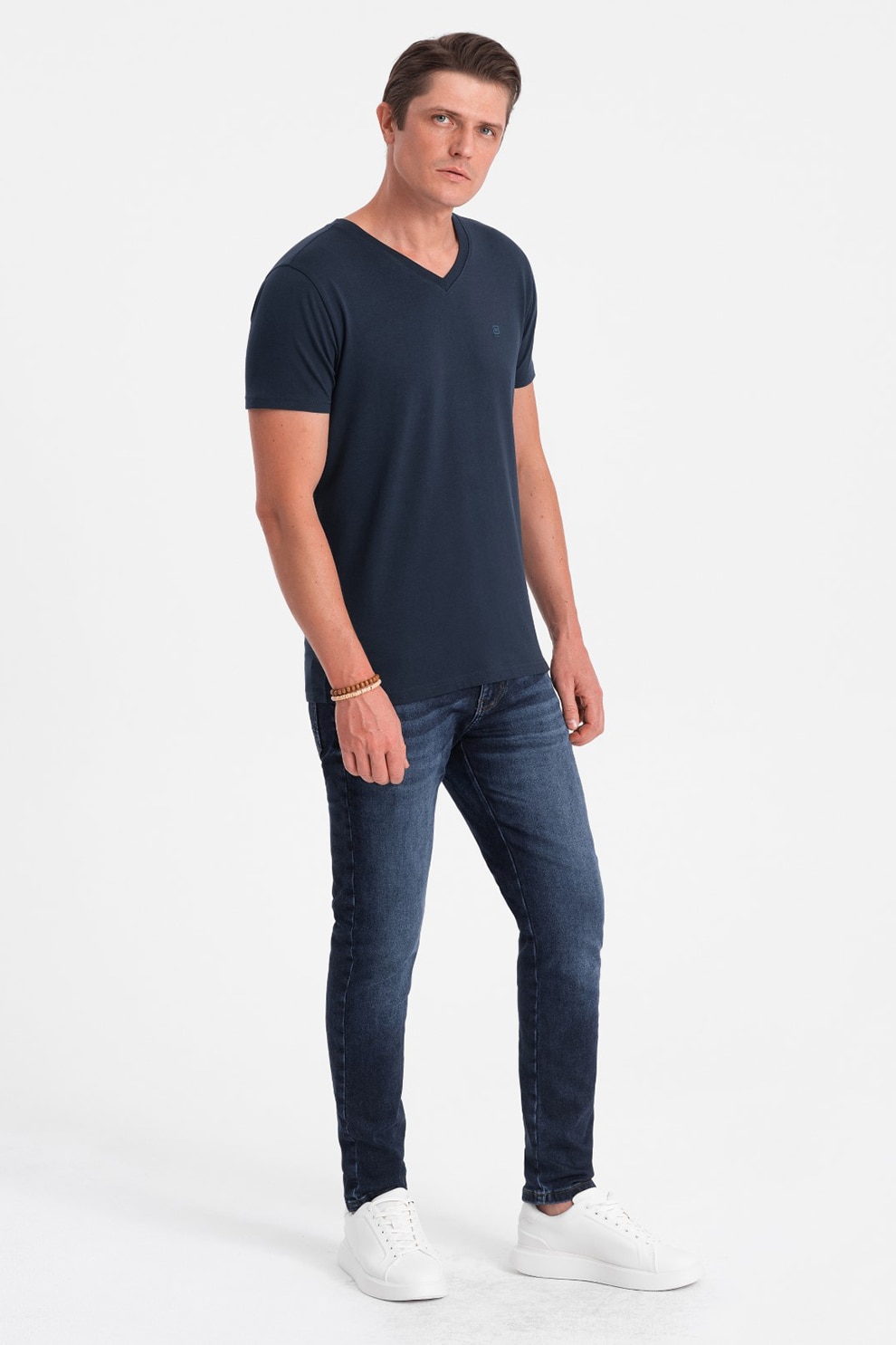 OMBRE, Tricou din amestec de bumbac cu decolteu in V, Bleumarin, L