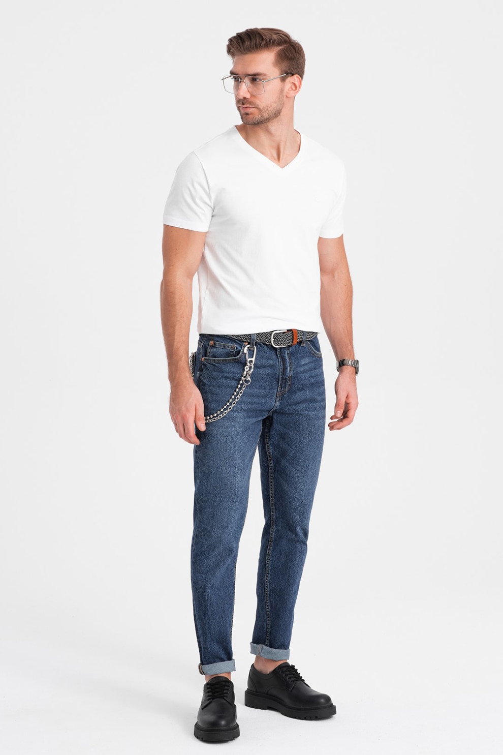 OMBRE, Tricou din amestec de bumbac cu decolteu in V, Alb, S