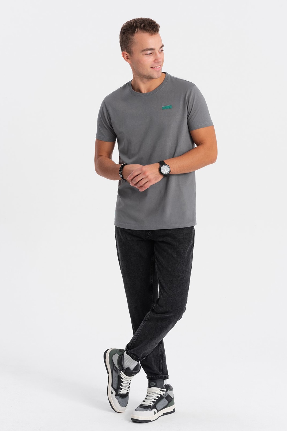 OMBRE, Tricou de bumbac cu decolteu la baza gatului, Gri inchis, 2XL