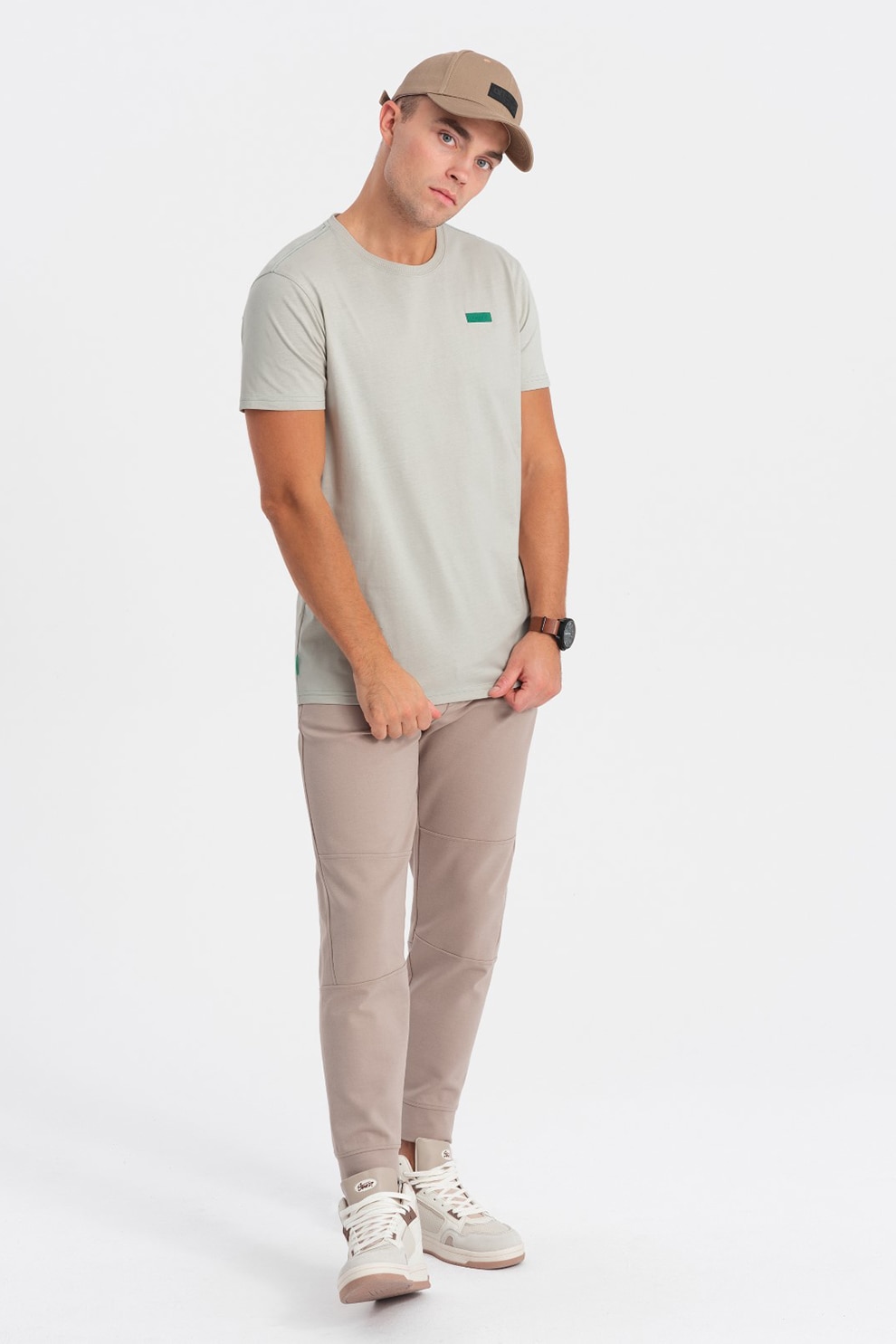 OMBRE, Tricou de bumbac cu decolteu la baza gatului, Gri deschis, XL