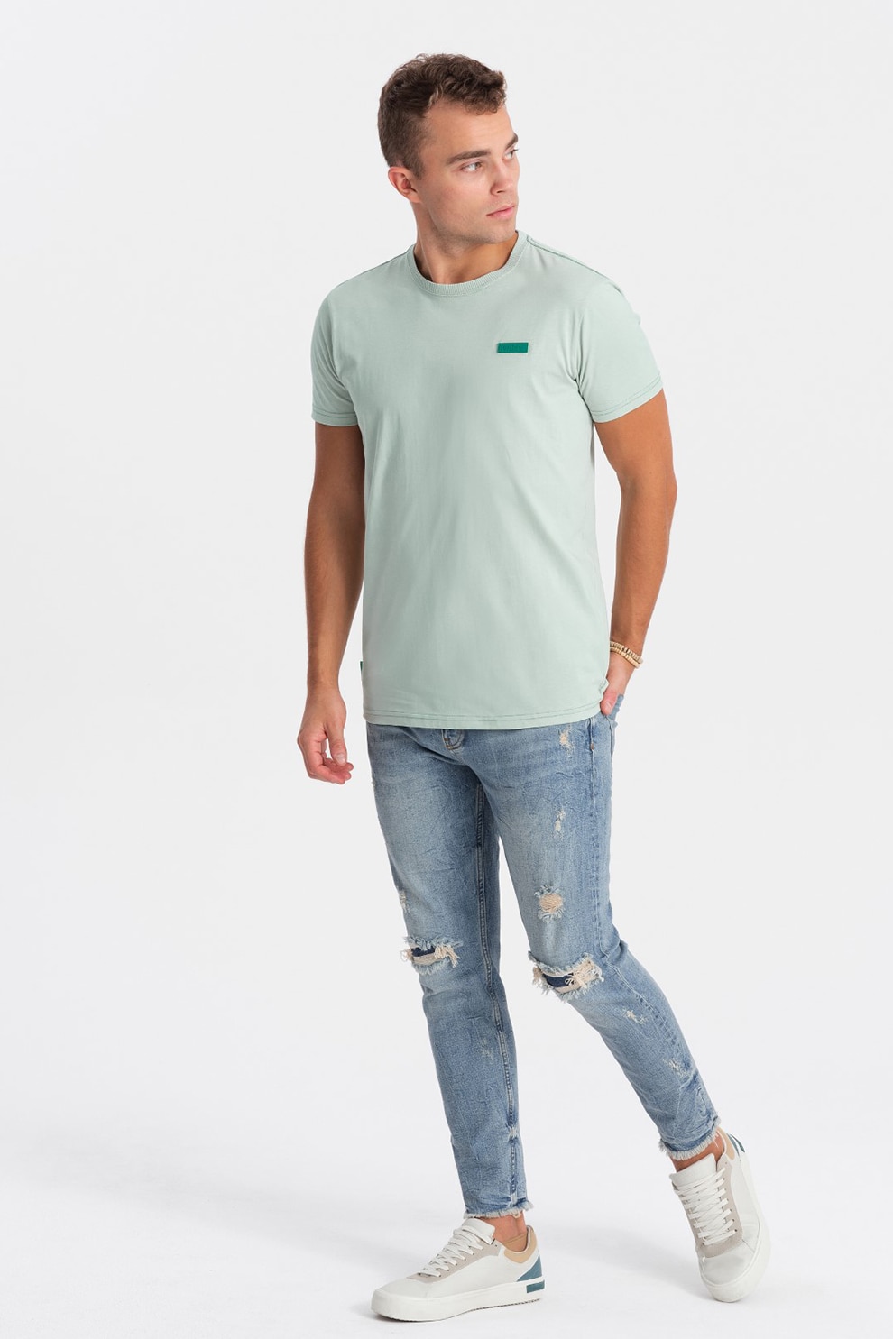 OMBRE, Tricou de bumbac cu decolteu la baza gatului, Verde deschis, 2XL