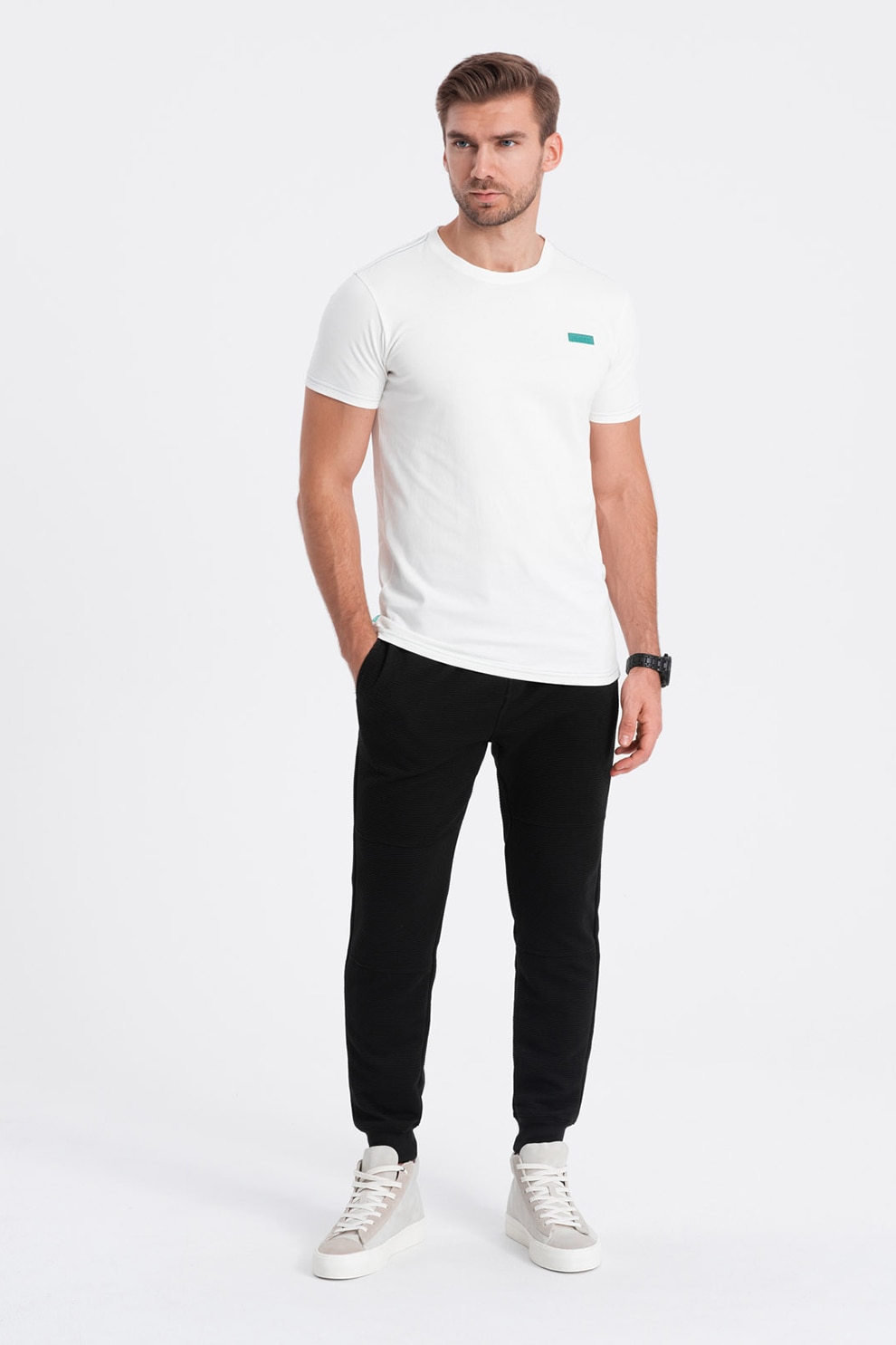 OMBRE, Tricou de bumbac cu decolteu la baza gatului, Alb, L