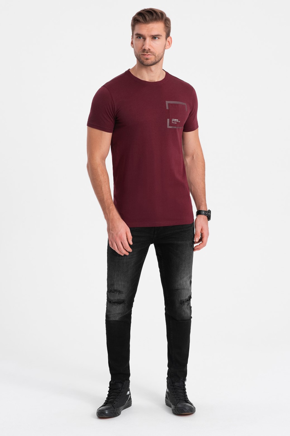 OMBRE, Tricou cu buzunar pe piept, Visiniu, M