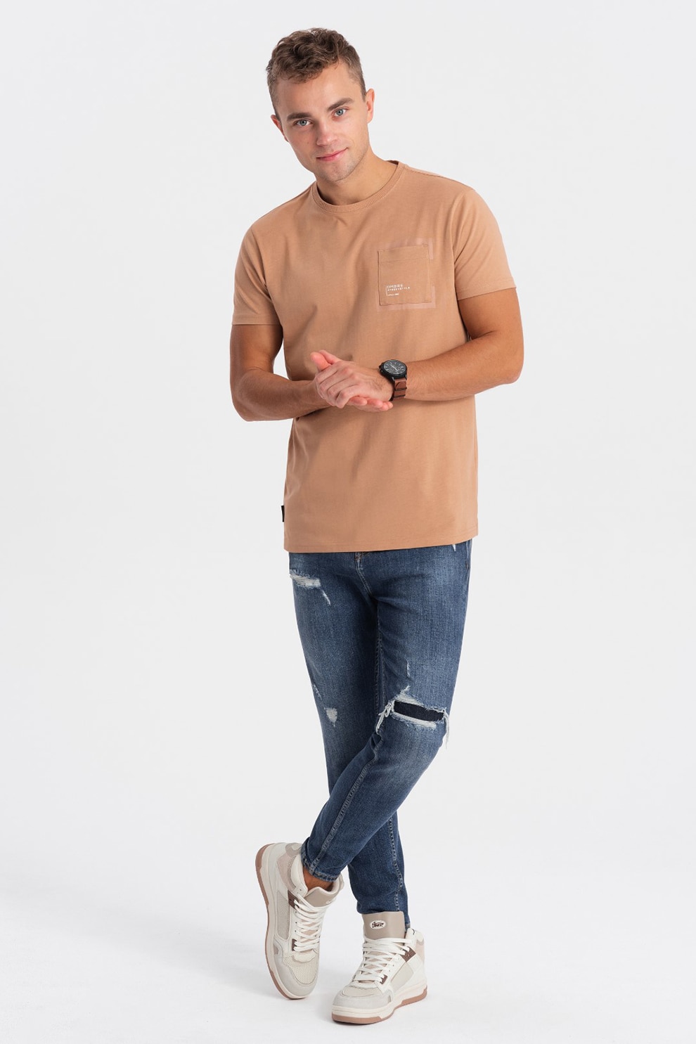 OMBRE, Tricou cu buzunar pe piept, Maro camel, M