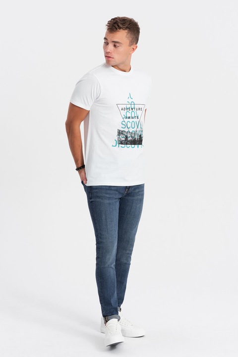 OMBRE, Mintás pamutpóló, Fehér/Fekete/Türkiz