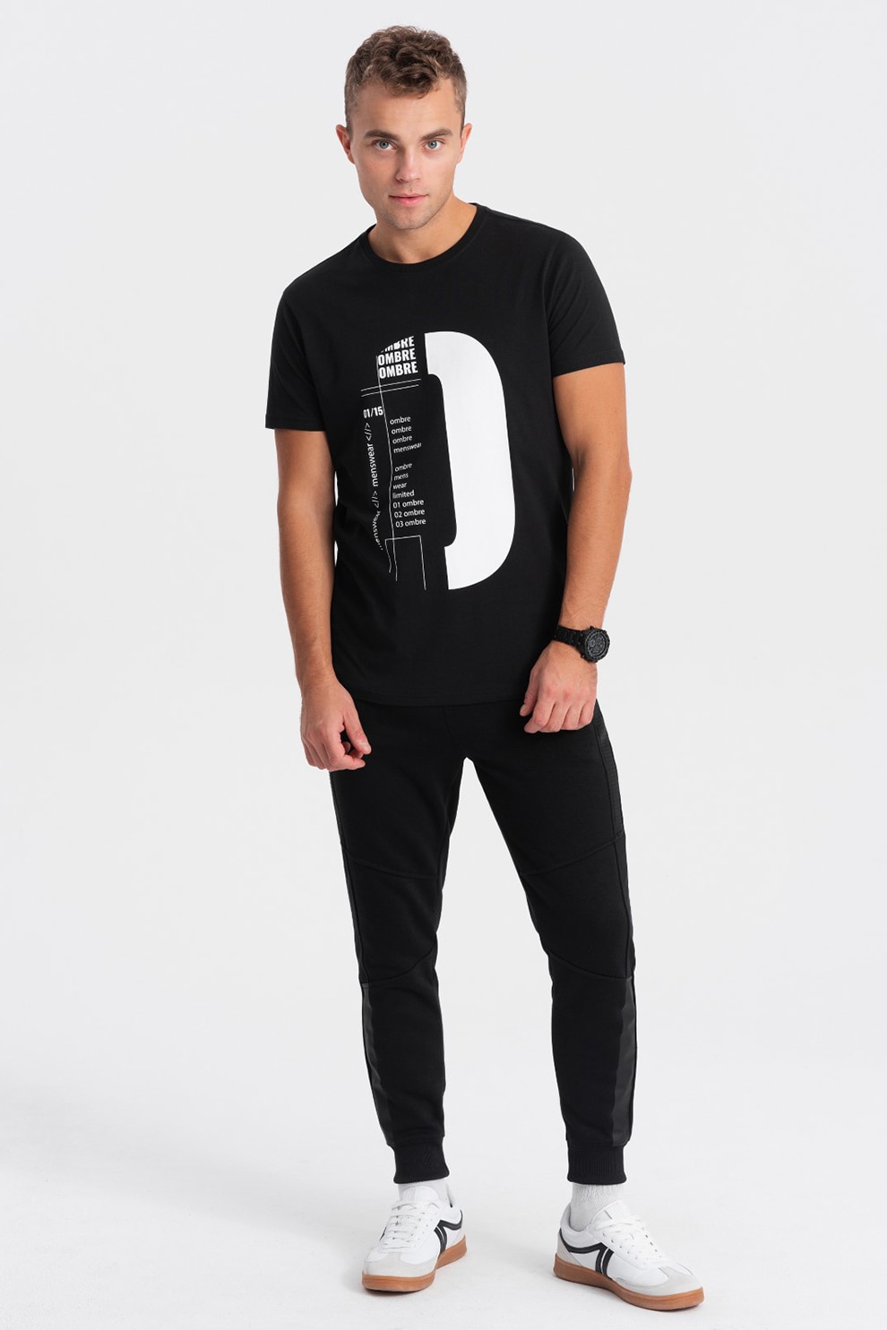 OMBRE, Tricou de bumbac cu logo supradimensionat, Negru, Alb, L