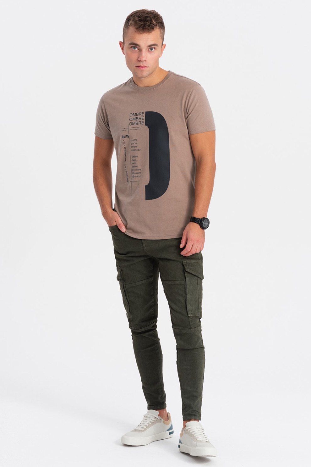 OMBRE, Tricou de bumbac cu logo supradimensionat, Negru, Maro fango, XL