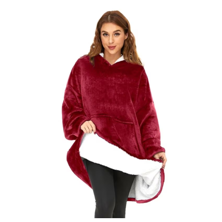 Patura cu maneci, tip Hanorac, ultra calduroasa, cu dublu strat gros, cu gluga si buzunar tip cangur, manseta elastica, rosu