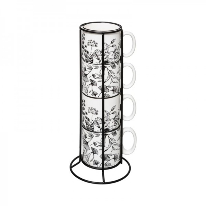 Set 4 cesti cu suport, Flora, 240 ml