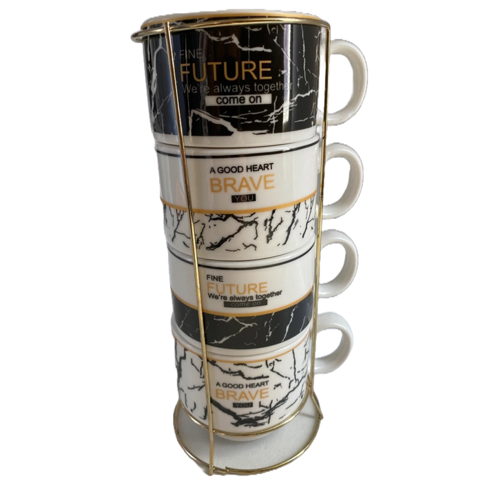 Set 4 cesti de cafea cu suport de metal, Negru lacuit, 150ml