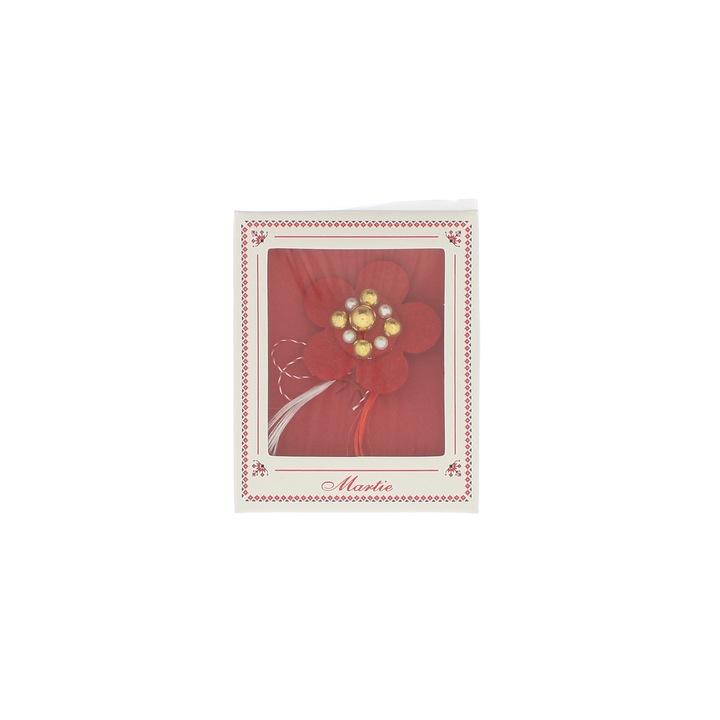 Márciusi bross, Buticcochet, filcből, 4 cm-es, gyöngyös virág, piros - MR659