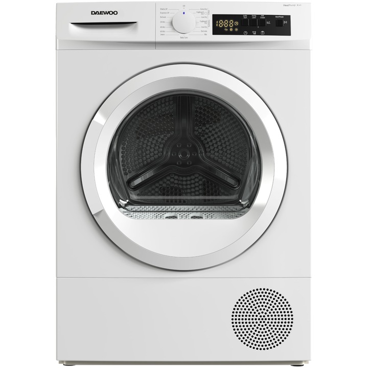 Uscator de rufe Daewoo DDR-VH8A, Pompa de caldura, 8 kg, 15 programe, Clasa A++, Control electronic, Sistem de uscare cu senzor, Afisaj LED, ChildLock, Alb