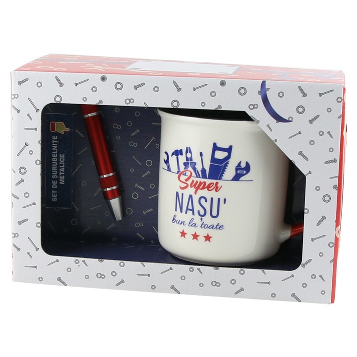 Set cana cu mesaj "Super Nasu' bun la toate" si set de surubelnite metalice