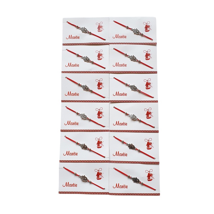 Set 12 Martisoare bratara cu accesoriu metalic, pe snur reglabil rosu, model P0977