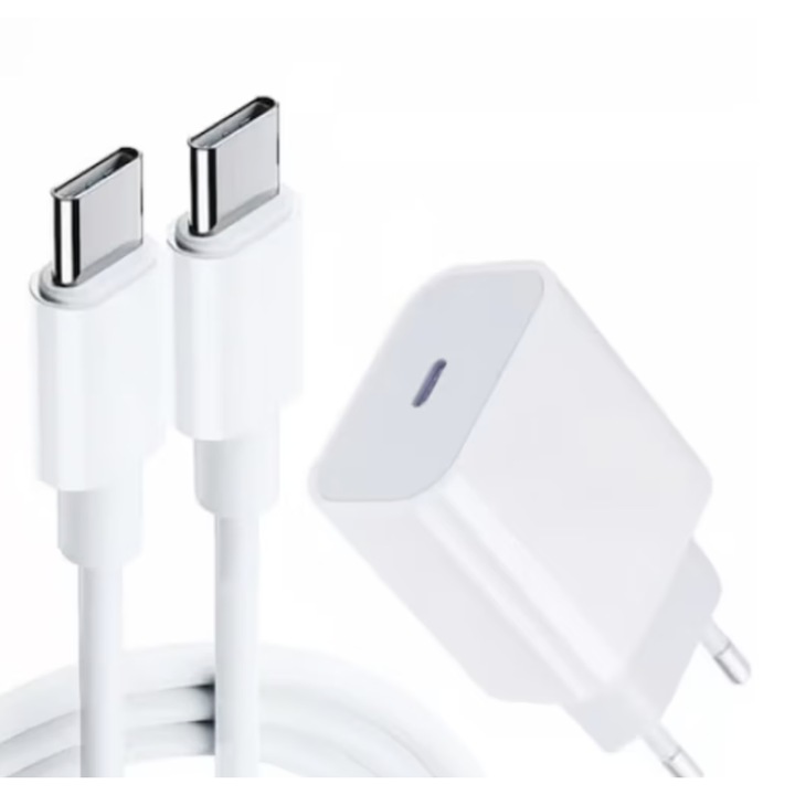 WaltStore, Univerzális gyorstöltő 20 W-os töltőkészlet és gyorstöltő 1M adatkábel Type-C - Type-C, WaltStore®, kompatibilis a Samsung, a Huawei és más C típusú bemenettel rendelkező eszközökkel, fehér
