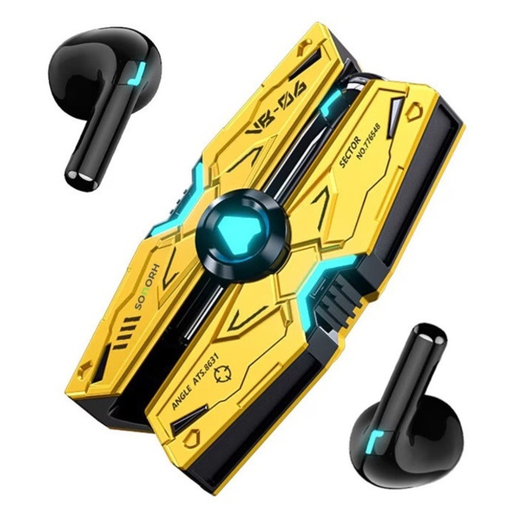 Casti Wireless i4FIT®, Fara Fir compatibile iOS si Android, Dock Metalic si Magnetic, Serie Mech, TWS, Anulare Zgomot ANC, Sunet HiFi, Bluetooth 5.0, 2 Microfoane Control Atingere, Galben