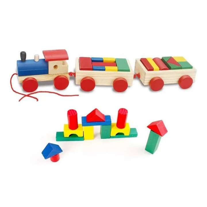 Jucarie din lemn Trenulet, set de construit, 18 piese, forme geometrice, 3 ani+, EduJucarii