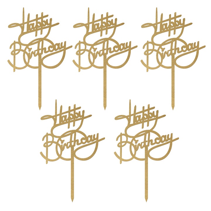 Set Accesorii tort, Happy Birthday, Auriu, TC607, Inedit Print, 10 cm, 5 bucati