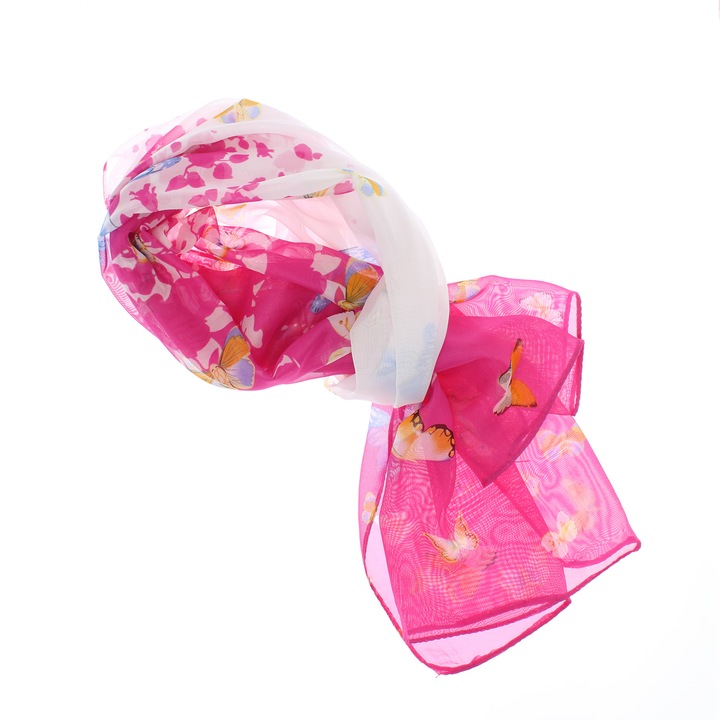 Esarfa, de dama, Buticcochet, din poliester, imprimeu cu fluturasi, 50x150 cm, Fucsia - ES2549