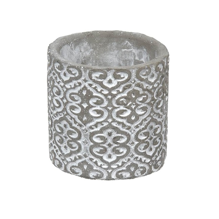 Masca rotunda pentru ghiveci flori Shopiens®, din ciment de culoare gri, cu model reliefat, 7 x 6.8 cm