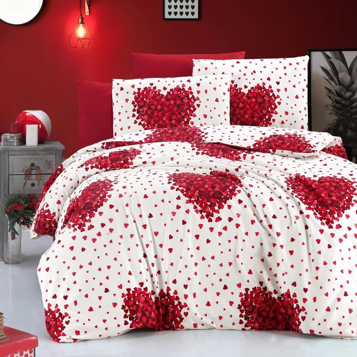 Ranforce franciaágynemű 100% pamut 4 db 240 x 260 cm, Szívek, Fehér/piros, Bolyhos RNFN19