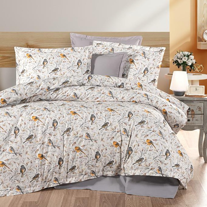 Двойно спално бельо Clasy, 100% памук ранфорс, 4 части голям чаршаф 240 х 260 см, юрган 200 х 220 см, 2 калъфки за възглавница 50 х 70 см, колибри, бежово / сиво, елегантно