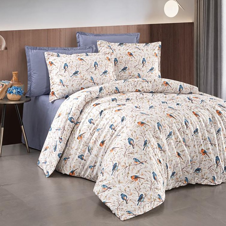Двойно спално бельо 100% памук ранфорс 4 части голям чаршаф 240 х 260 см, юрган 200 х 220 см, 2 калъфки за възглавница 50 х 70 см Колибри, Бяло/Синьо, Класически