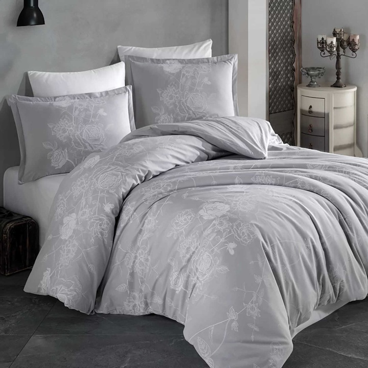 Двойно спално бельо 100% памук ранфорс 4 части king size 240 x 260 см, Флорален принт, Сиво, Clasy ARNOR V2