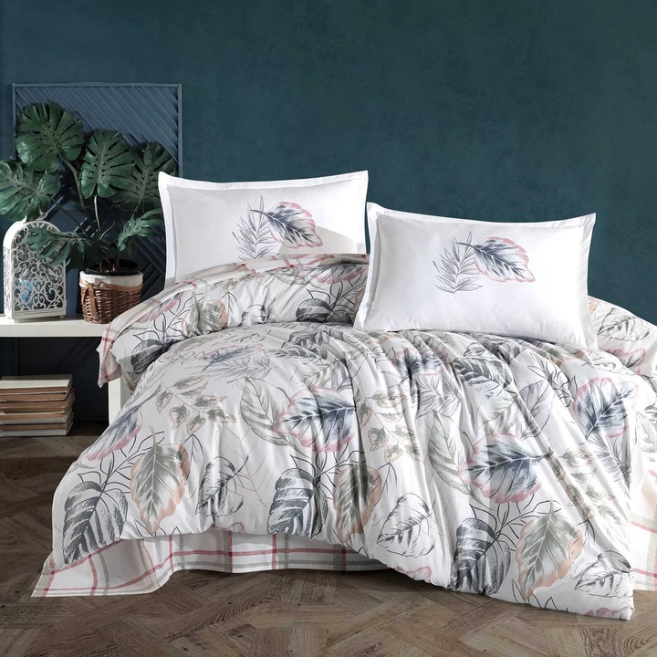Двойно спално бельо 100% памук ранфорс 4 части king size 240 x 260 см, щампа на листа, бяло / розово, Clasy NESSA
