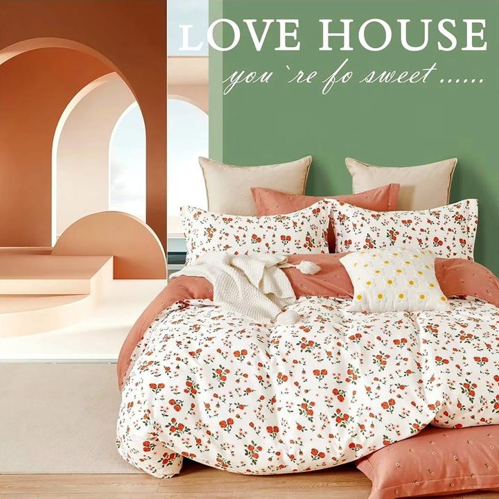 Ágynemű egy személyre Percale nyomott pamut 100% 3 db lepedő 160x240 cm, paplan 150x220 cm, párnahuzat 50x70 cm, Roses White / Red, Fuscous