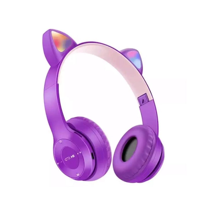 Безжични слушалки NEXTLY котешки уши, сгъваеми, регулируеми, LED светлини, bluetooth 5.0, жак кабел, TF карта, свободни ръце, лилаво