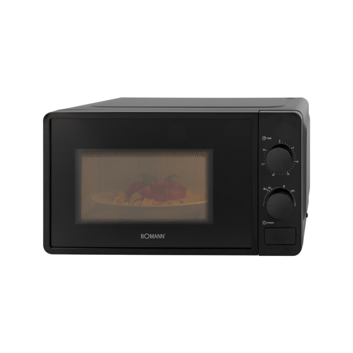 Cuptor cu microunde Bomann, capacitate 20 litri, 6 trepte de putere, functii dezghetare/incalzire, timer 30 minute, semnal sonor finalizare program, ilumintare interioare, platou rotativ 24.5 cm, interior cu strat usor de curatat, design compact, negru