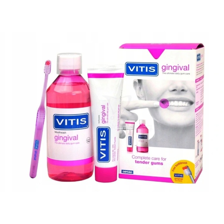 Fogápoló készlet, Vitis, Fogkefe, Folyadék 500 ml, Paszta 100 ml, Rózsaszín