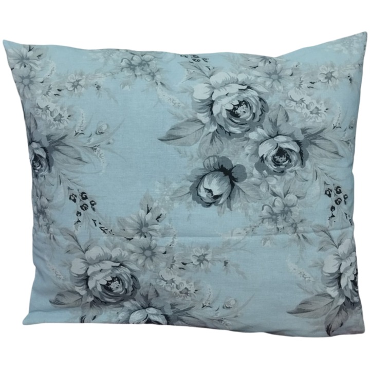 Fata de Perna Floare Gri Fond Turcoaz Bumbac Satinat 40x40 cm